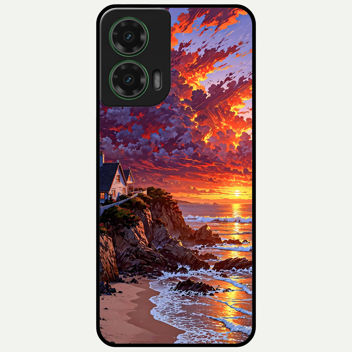  Sunset House By Sea Glass Case For Moto G35 back cover – full design glossy printed glass finish