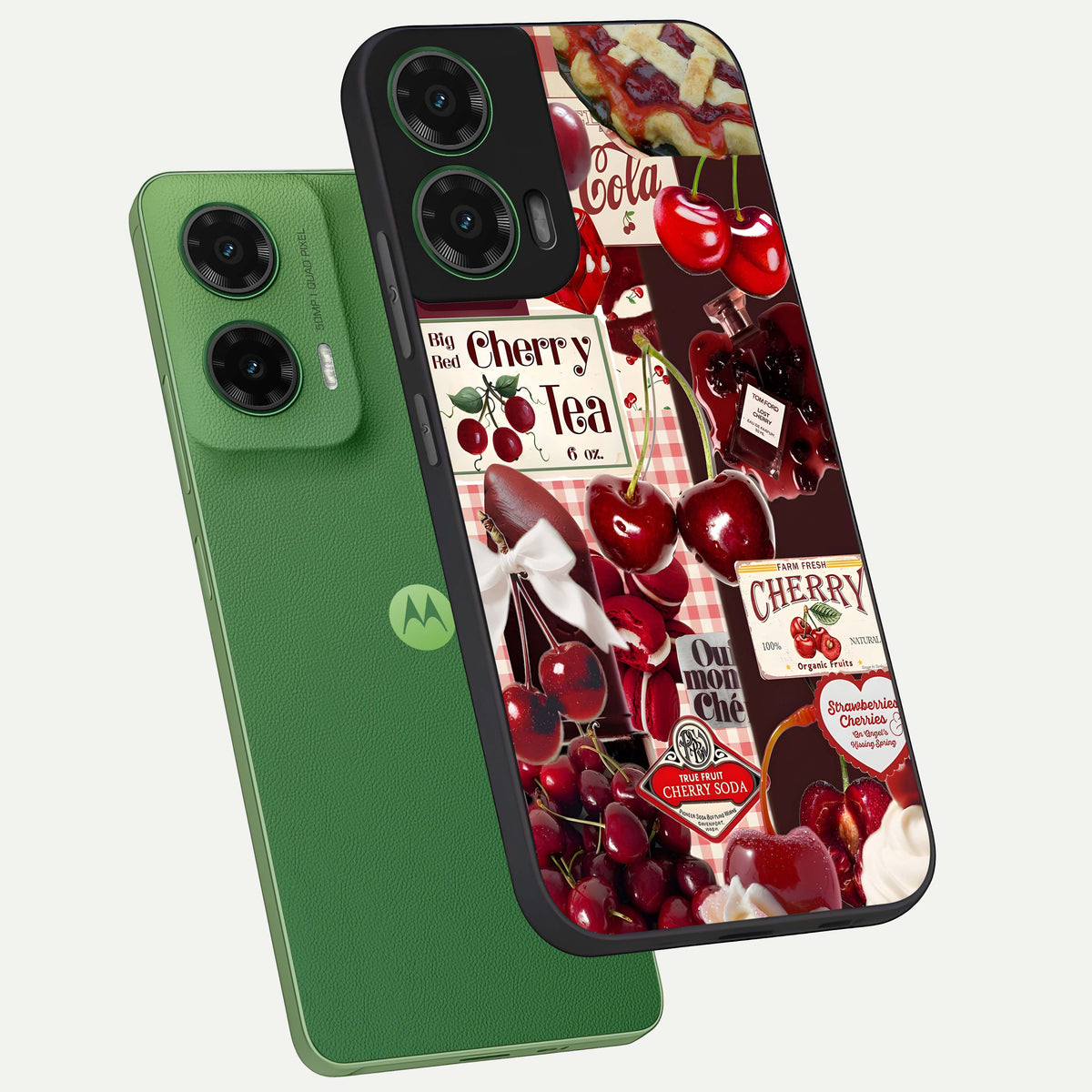  Aesthetic Cherry Tea phone case For Moto G35 showing premium glass back cover with detailed artwork