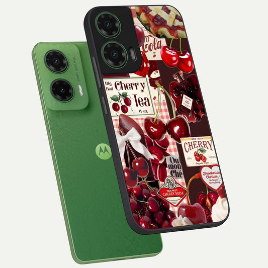  Aesthetic Cherry Tea phone case For Moto G35 showing premium glass back cover with detailed artwork