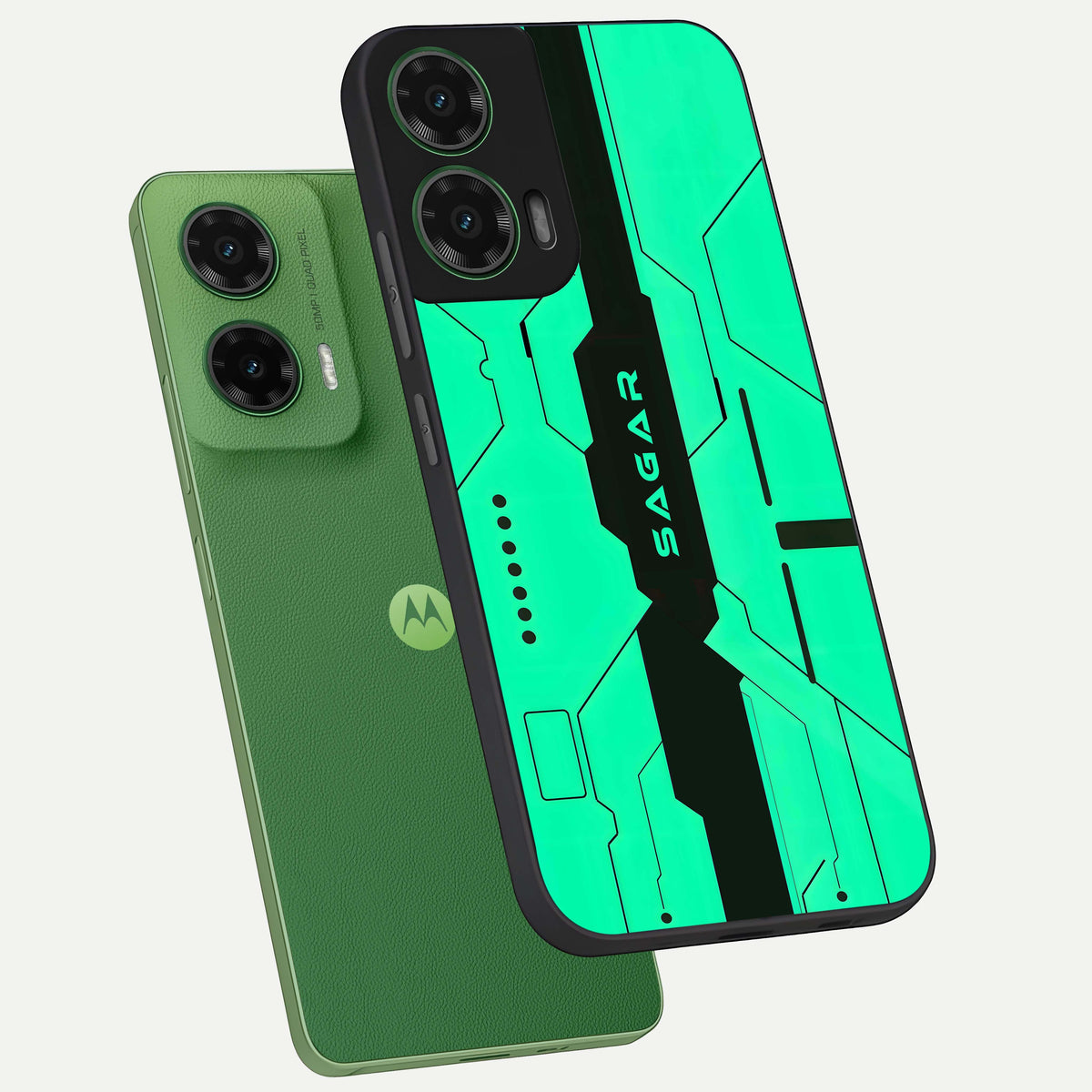  Aqua Tech CYBERPUNK Custom Name phone case For Moto G35 showing premium glass back cover with detailed artwork