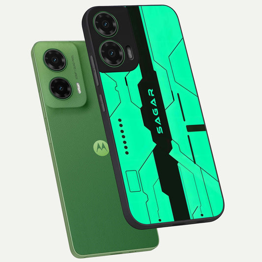  Aqua Tech CYBERPUNK Custom Name phone case For Moto G35 showing premium glass back cover with detailed artwork