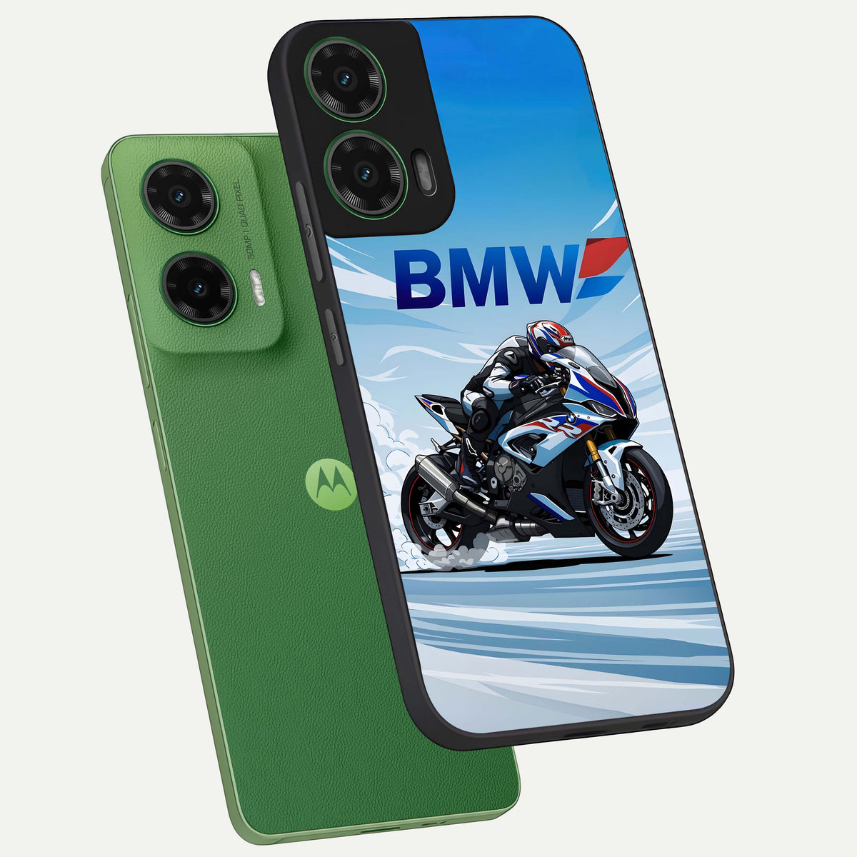  BMW Power Drift phone case For Moto G35 showing premium glass back cover with detailed artwork