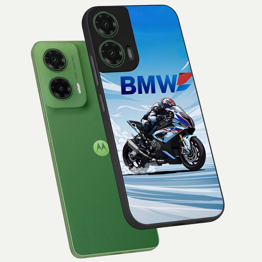  BMW Power Drift phone case For Moto G35 showing premium glass back cover with detailed artwork