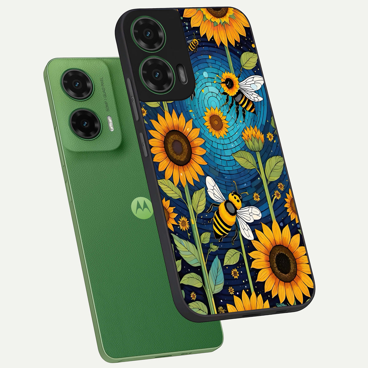  Bees And Sunflowers phone case For Moto G35 showing premium glass back cover with detailed artwork