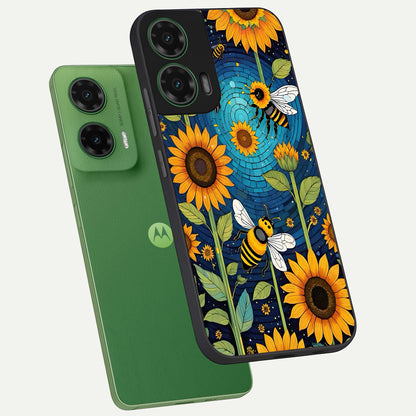  Bees And Sunflowers phone case For Moto G35 showing premium glass back cover with detailed artwork