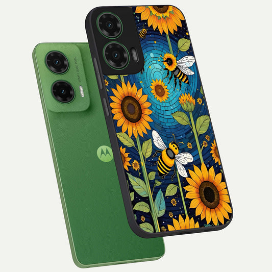  Bees And Sunflowers phone case For Moto G35 showing premium glass back cover with detailed artwork