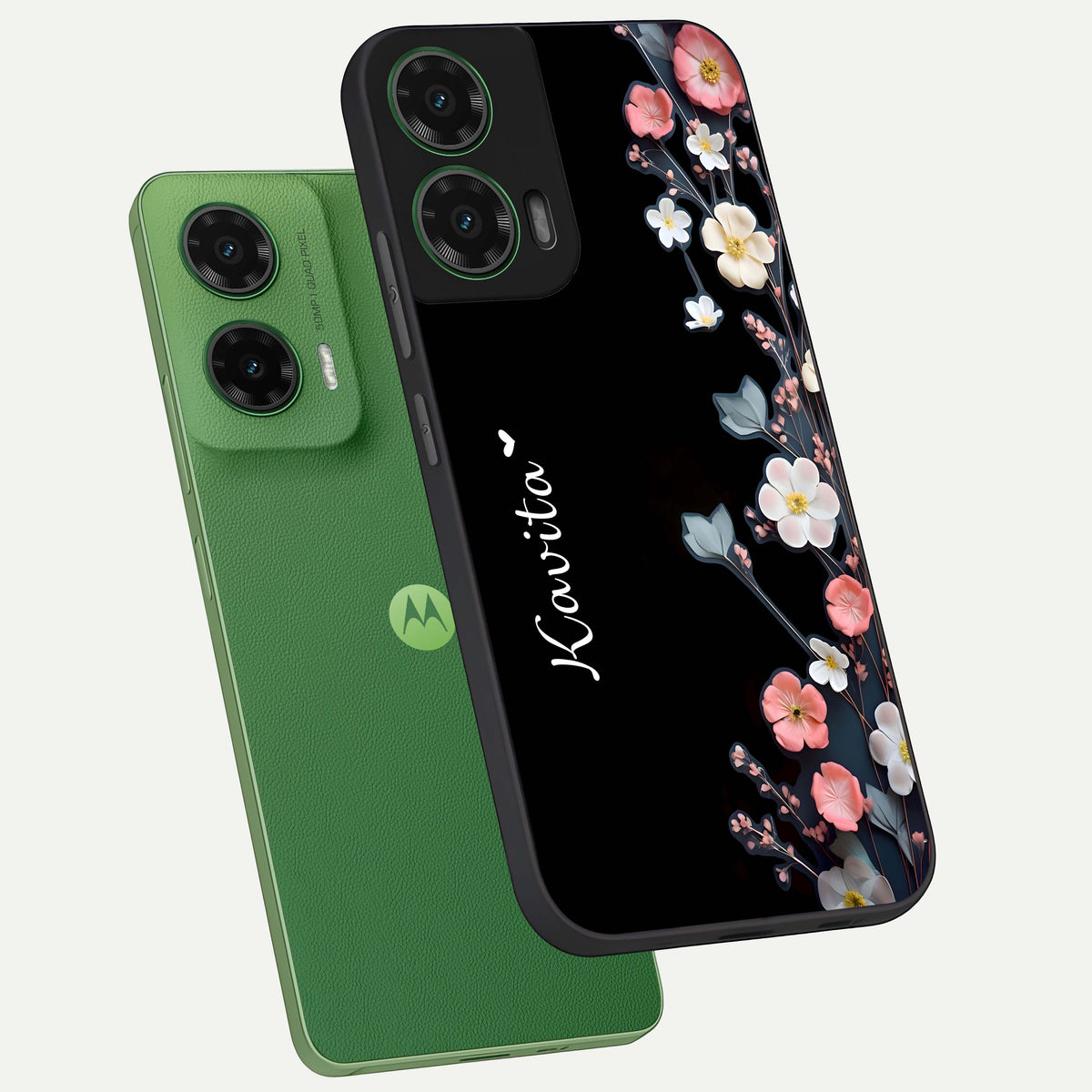  Black Elegance Floral Custom Name phone case For Moto G35 showing premium glass back cover with detailed artwork