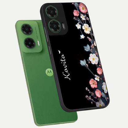  Black Elegance Floral Custom Name phone case For Moto G35 showing premium glass back cover with detailed artwork