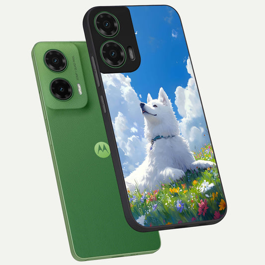  Blissful Cloud Pup phone case For Moto G35 showing premium glass back cover with detailed artwork