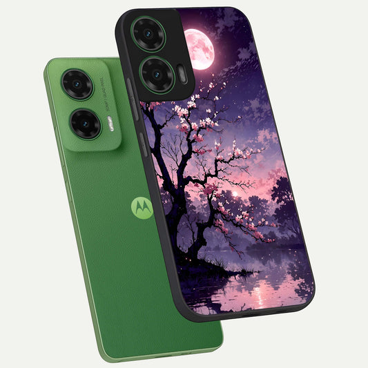  Blossom Pink Moon phone case For Moto G35 showing premium glass back cover with detailed artwork