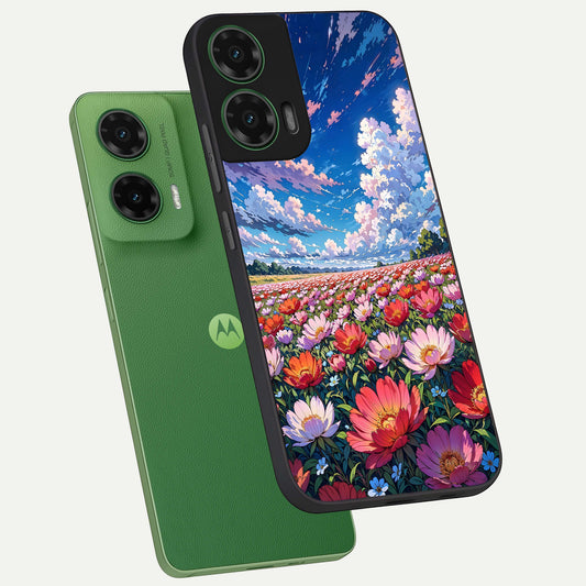  Blossom Sky Field phone case For Moto G35 showing premium glass back cover with detailed artwork