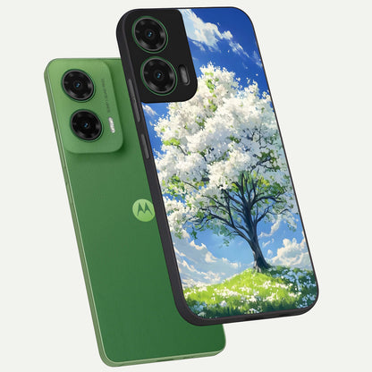  Blossom Sky Serenity phone case For Moto G35 showing premium glass back cover with detailed artwork