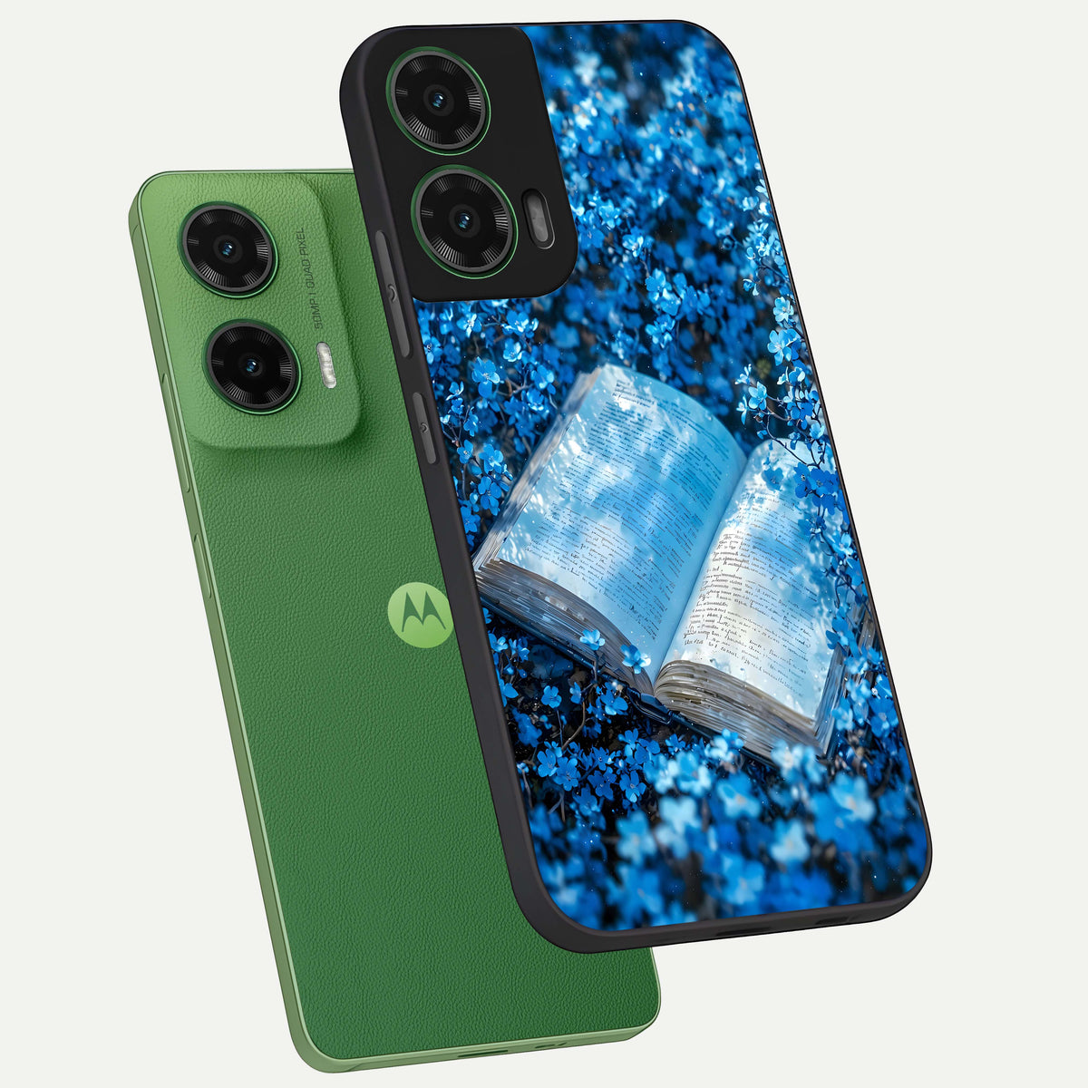  Blue Bloom Tales phone case For Moto G35 showing premium glass back cover with detailed artwork