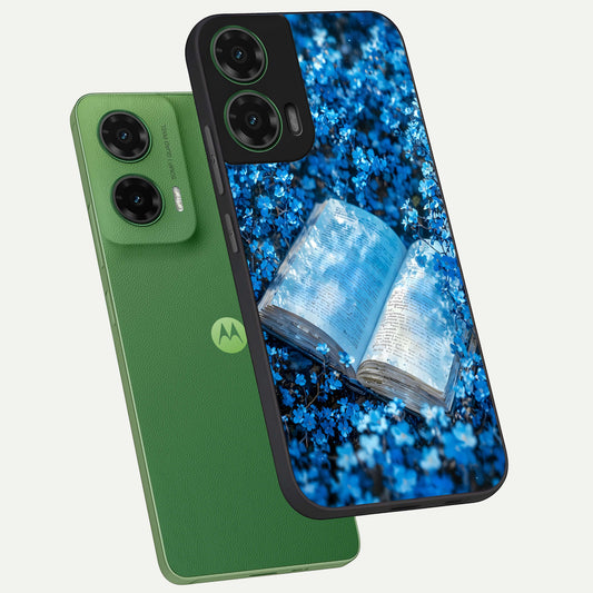  Blue Bloom Tales phone case For Moto G35 showing premium glass back cover with detailed artwork