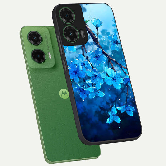  Blue Blossoms Branch phone case For Moto G35 showing premium glass back cover with detailed artwork