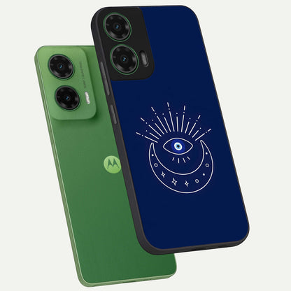  Blue Evil Eye phone case For Moto G35 showing premium glass back cover with detailed artwork