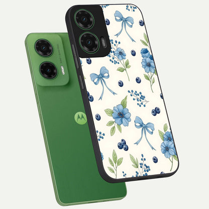  Blue Flower And Bow phone case For Moto G35 showing premium glass back cover with detailed artwork
