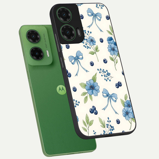  Blue Flower And Bow phone case For Moto G35 showing premium glass back cover with detailed artwork