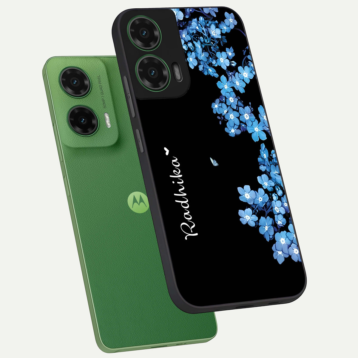  Blue Petal Dream Custom Name phone case For Moto G35 showing premium glass back cover with detailed artwork