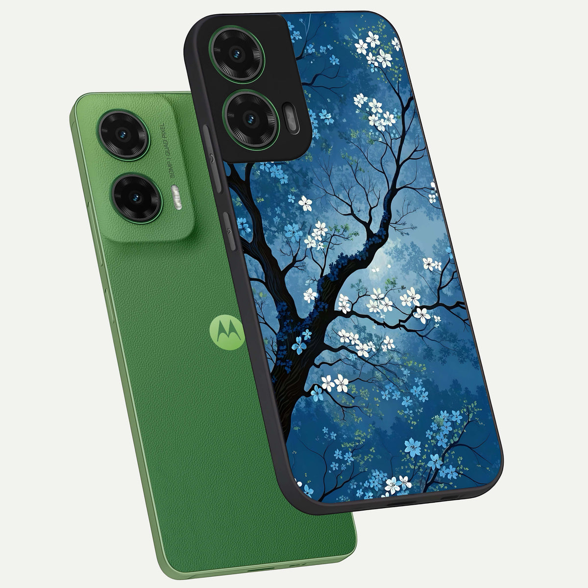  Blue Tree Serenity phone case For Moto G35 showing premium glass back cover with detailed artwork