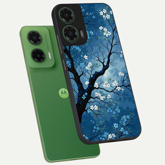  Blue Tree Serenity phone case For Moto G35 showing premium glass back cover with detailed artwork
