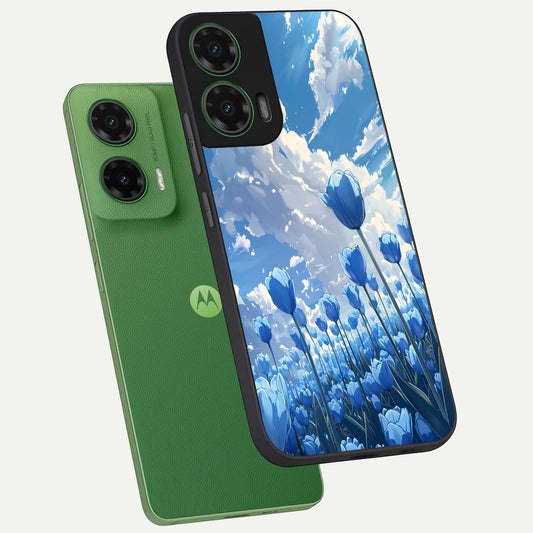 Blue Tulip Clouds phone case For Moto G35 showing premium glass back cover with detailed artwork