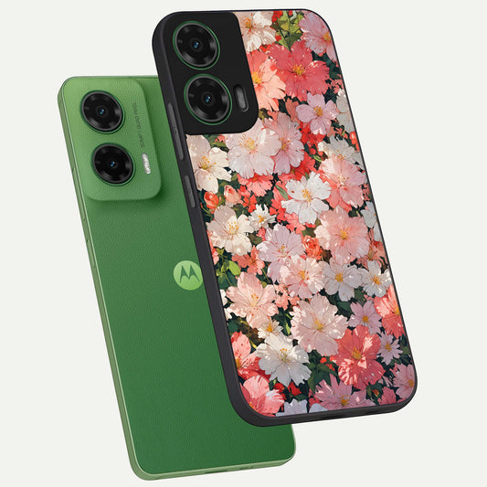  Blush Bloom Field phone case For Moto G35 showing premium glass back cover with detailed artwork