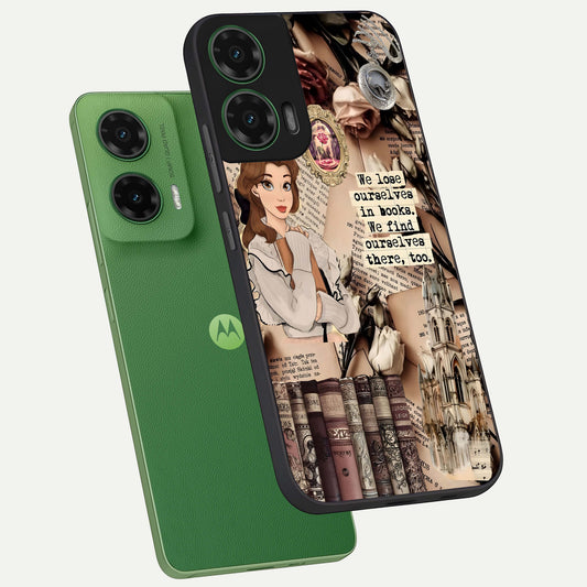  Bookish Dream World phone case For Moto G35 showing premium glass back cover with detailed artwork
