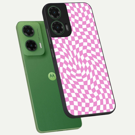  Bubblegum Check Wave phone case For Moto G35 showing premium glass back cover with detailed artwork