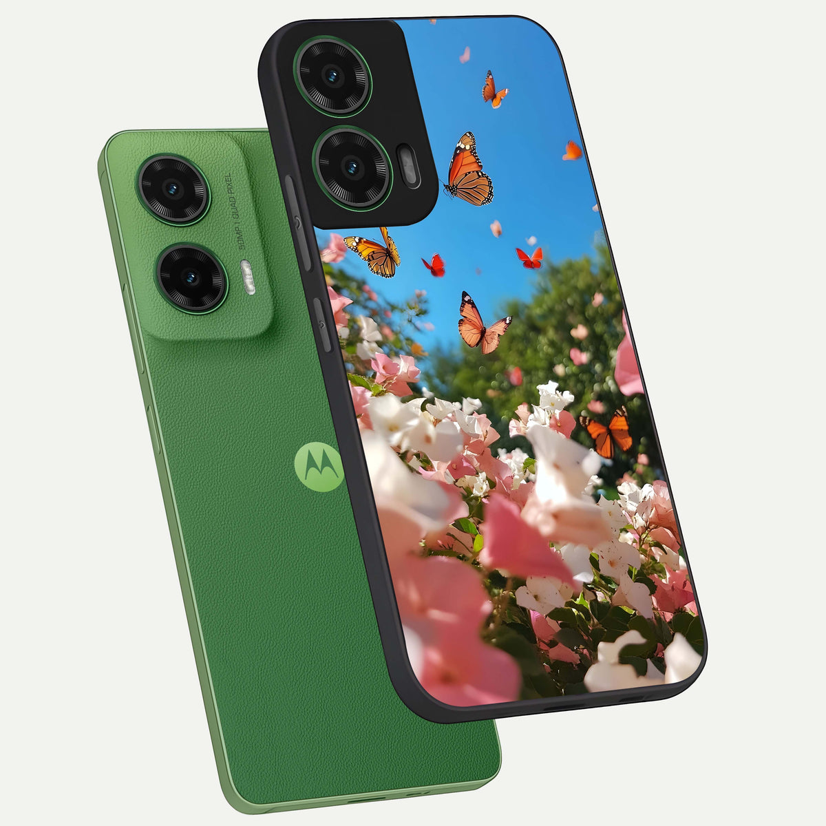  Butterflies In Bloom Sky phone case For Moto G35 showing premium glass back cover with detailed artwork