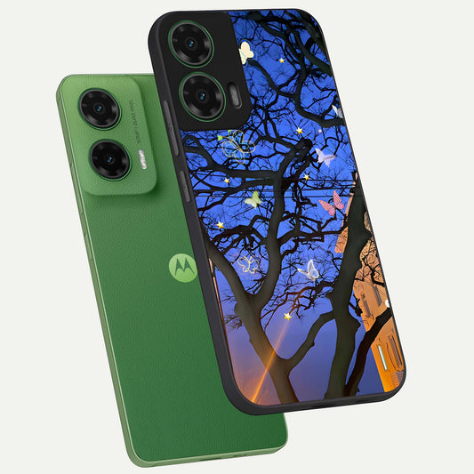  Butterfly Night Magic phone case For Moto G35 showing premium glass back cover with detailed artwork