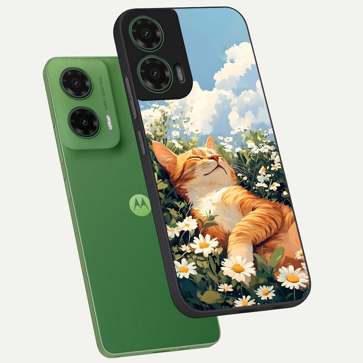  Cat And Flowers View phone case For Moto G35 showing premium glass back cover with detailed artwork