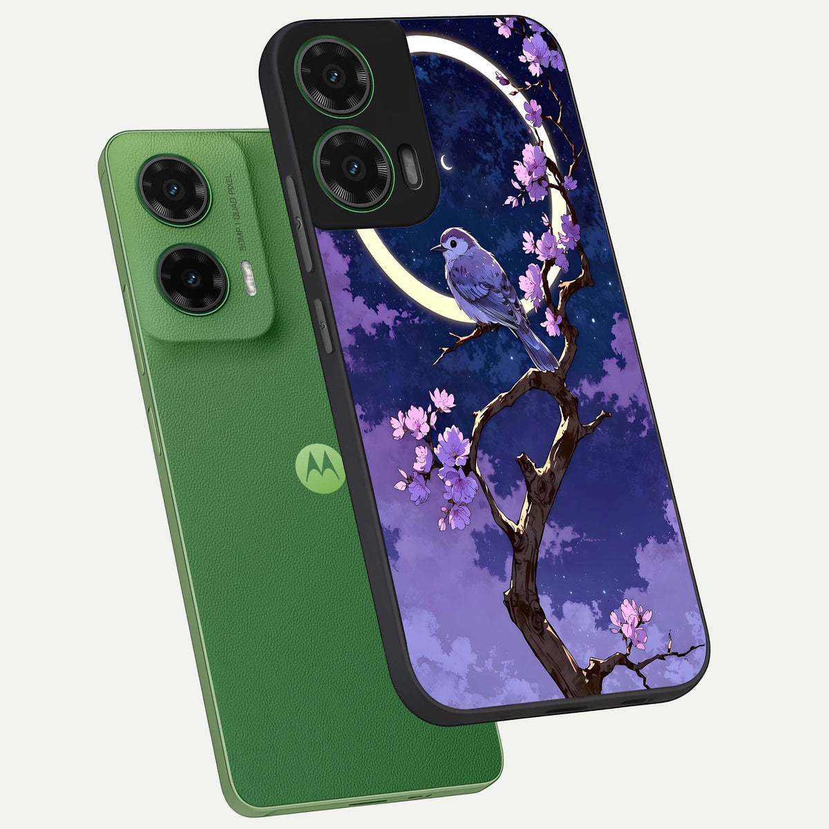  Celestial Bird Blossom phone case For Moto G35 showing premium glass back cover with detailed artwork