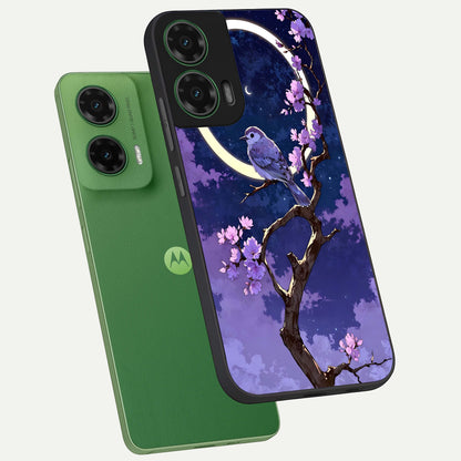  Celestial Bird Blossom phone case For Moto G35 showing premium glass back cover with detailed artwork