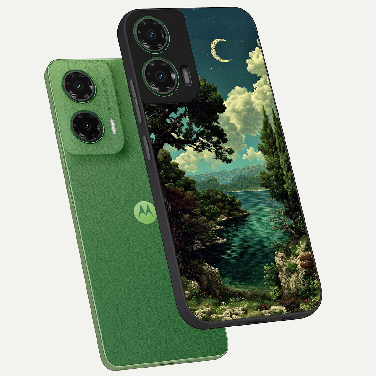  Celestial Lake Peace phone case For Moto G35 showing premium glass back cover with detailed artwork