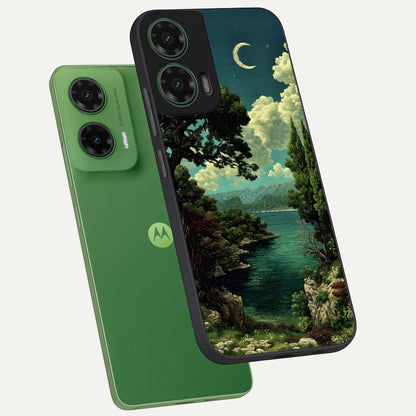  Celestial Lake Peace phone case For Moto G35 showing premium glass back cover with detailed artwork