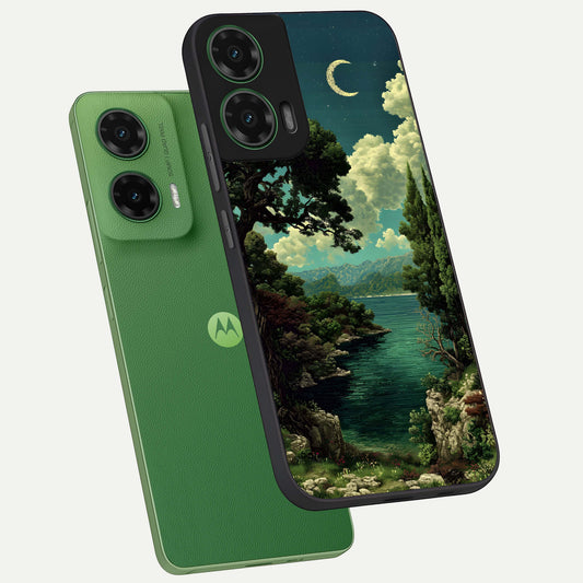  Celestial Lake Peace phone case For Moto G35 showing premium glass back cover with detailed artwork