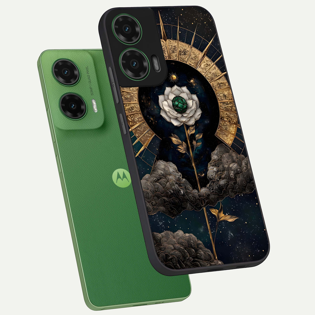  Celestial Lotus Morang phone case For Moto G35 showing premium glass back cover with detailed artwork