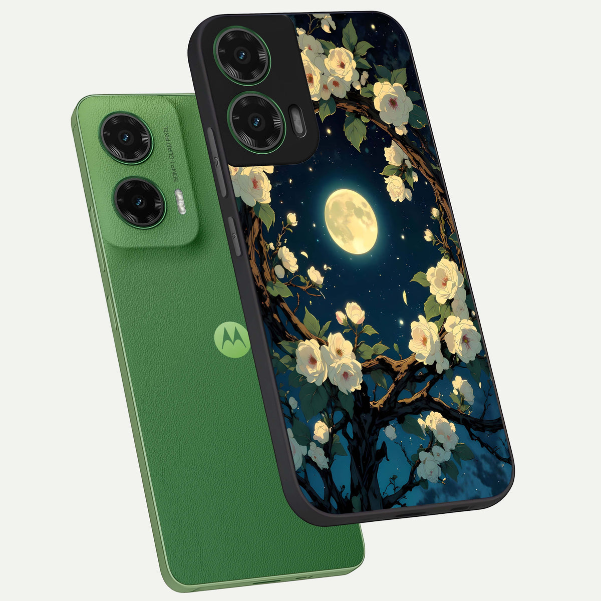  Celestial Moon And Flower phone case For Moto G35 showing premium glass back cover with detailed artwork