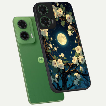  Celestial Moon And Flower phone case For Moto G35 showing premium glass back cover with detailed artwork