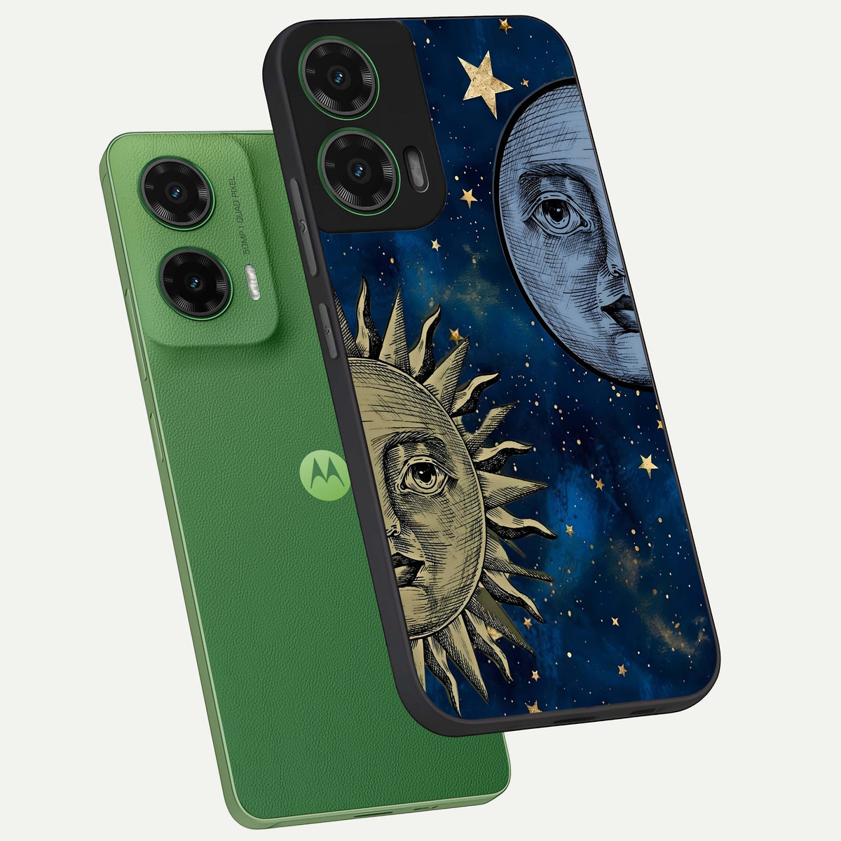  Celestial Moon With Sun phone case For Moto G35 showing premium glass back cover with detailed artwork