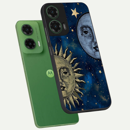 Celestial Moon With Sun phone case For Moto G35 showing premium glass back cover with detailed artwork