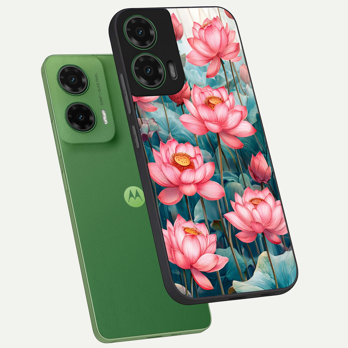  Celestial Pink Lotus phone case For Moto G35 showing premium glass back cover with detailed artwork
