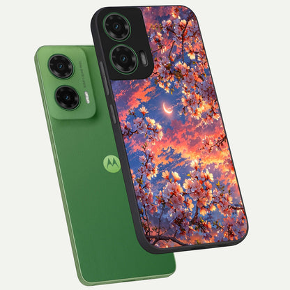  Celestial Sakura Sunset phone case For Moto G35 showing premium glass back cover with detailed artwork