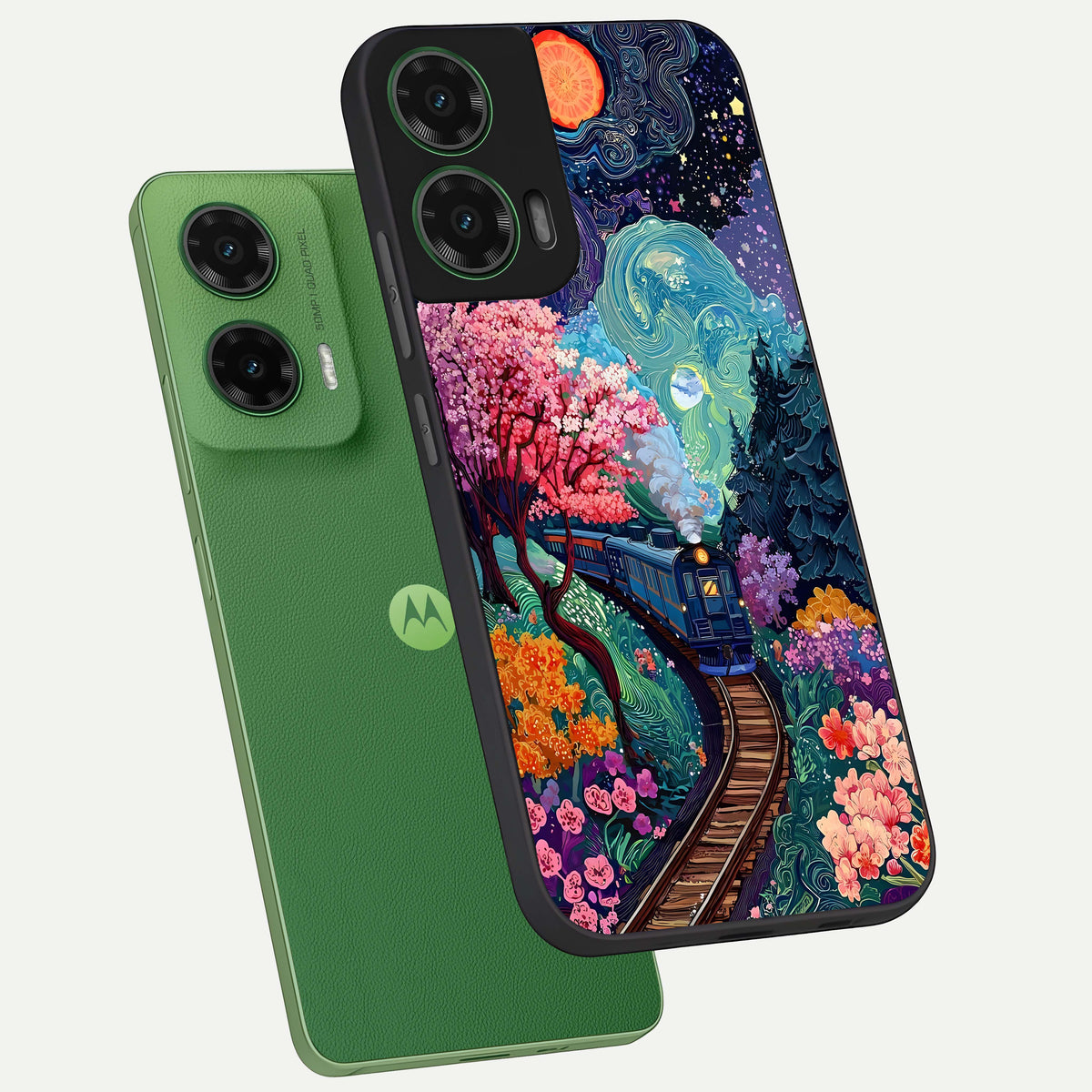  Celestial Train Journey phone case For Moto G35 showing premium glass back cover with detailed artwork