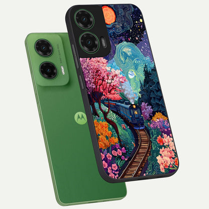  Celestial Train Journey phone case For Moto G35 showing premium glass back cover with detailed artwork