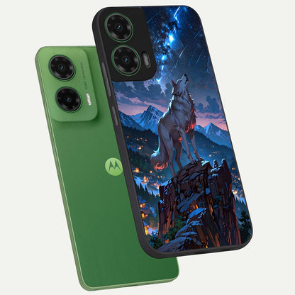  Celestial Wolf Howl phone case For Moto G35 showing premium glass back cover with detailed artwork
