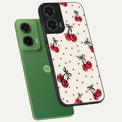  Cherry Heart Bow phone case For Moto G35 showing premium glass back cover with detailed artwork