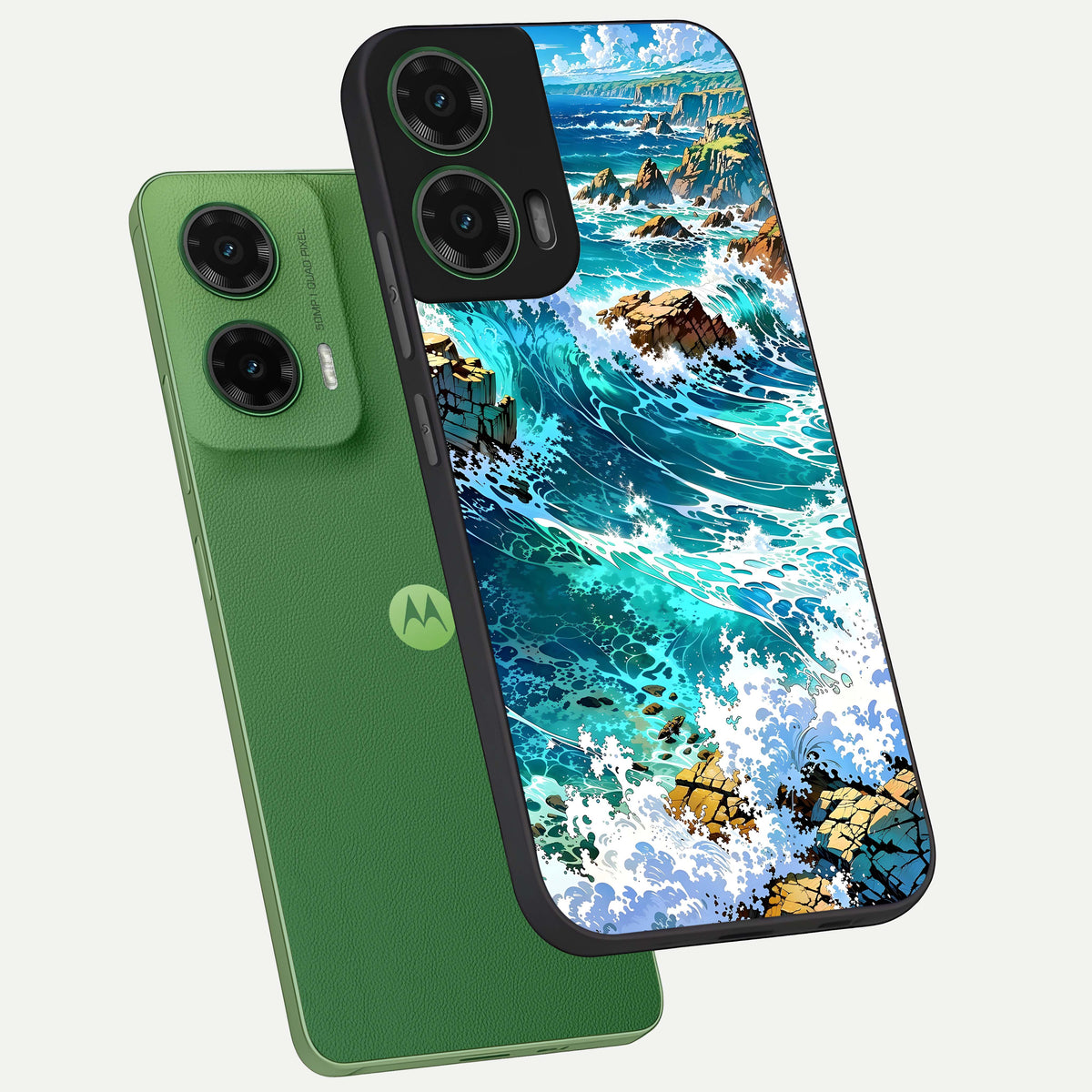  Coastal Blue Waves phone case For Moto G35 showing premium glass back cover with detailed artwork