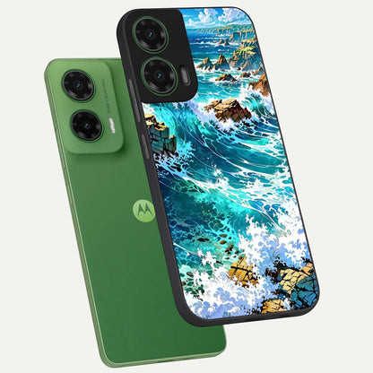  Coastal Blue Waves phone case For Moto G35 showing premium glass back cover with detailed artwork